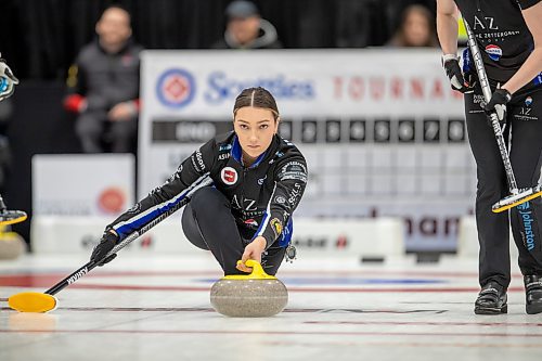 BROOK JONES / WINNIPEG FREE PRESS
Skip Kristy Watling of Team Watling from the East St. Paul Curling Club competes in the 2024 Manitoba Women's Curling Championships - Scotties Tournament of Hearts presented by Rocky Mountain Equipment at the Access Event Centre in Morden, Man., Wednesday, Jan. 24, 2024. Members of Team McLeod include third Laura Burtnyk, second Emily Deschenes and lead Sarah Pyke. Pictured: Watling delivers a rock rock during her team's match against Team Lawes from the Fort Rough Curling Curling Club Wednesday, Jan. 24, 2024.