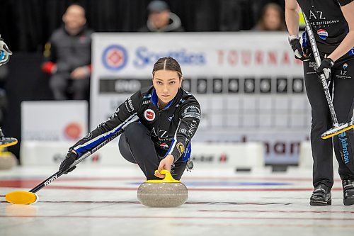 BROOK JONES / WINNIPEG FREE PRESS
Skip Kristy Watling of Team Watling from the East St. Paul Curling Club competes in the 2024 Manitoba Women's Curling Championships - Scotties Tournament of Hearts presented by Rocky Mountain Equipment at the Access Event Centre in Morden, Man., Wednesday, Jan. 24, 2024. Members of Team Watling include third Laura Burtnyk, second Emily Deschenes and lead Sarah Pyke. Pictured: Watling delivers a rock rock during her team's match against Team Lawes from the Fort Rough Curling Curling Club Wednesday, Jan. 24, 2024.