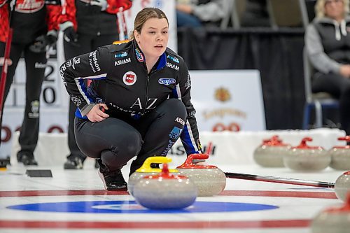 BROOK JONES / WINNIPEG FREE PRESS
Team Kristy Watling from the East St. Paul Curling Club competes in the 2024 Manitoba Women's Curling Championships - Scotties Tournament of Hearts presented by Rocky Mountain Equipment at the Access Event Centre in Morden, Man., Wednesday, Jan. 24, 2024. Members of Team Watling include skip Kristy Watling, third Laura Burtnyk, second Emily Deschenes and lead Sarah Pyke. Pictured: Watling preparing to throw her rock during her team's match against Team Lawes from the Fort Rough Curling Curling Club Wednesday, Jan. 24, 2024.