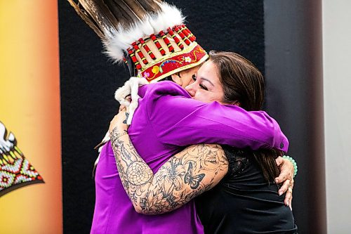 MIKAELA MACKENZIE / WINNIPEG FREE PRESS
	
AMC grand chief Cathy Merrick (left) and Melissa Robinson hug after a press conference announcing the completion of the Inter-Related Operational Planning Report on Thursday, Jan. 25, 2024. For Nicole story.
Winnipeg Free Press 2024