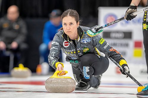 BROOK JONES / WINNIPEG FREE PRESS
Skip Lisa McLeod of Team McLeod from the Portage Curling Club competes in the 2024 Manitoba Women's Curling Championships - Scotties Tournament of Hearts presented by Rocky Mountain Equipment at the Access Event Centre in Morden, Man., Wednesday, Jan. 24, 2024. Members of Team McLeod include third Janelle Lach, second Hallie McCannell, lead Jolene Callum and alternate Hailey McFarlane. Pictured: McLeod delivers a rock during her team's match against Team Cameron from the Granit Curling Club Wednesday, Jan. 24, 2024.