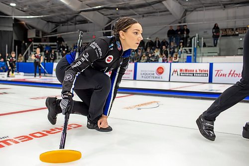 BROOK JONES / WINNIPEG FREE PRESS
Skip Kristy Watling of Team Watling from the East St. Paul Curling Club competes in the 2024 Manitoba Women's Curling Championships - Scotties Tournament of Hearts presented by Rocky Mountain Equipment at the Access Event Centre in Morden, Man., Wednesday, Jan. 24, 2024. Members of Team Watling include third Laura Burtnyk, second Emily Deschenes and lead Sarah Pyke. Pictured: Watling watches her shot during her team's match against Team Lawes from the Fort Rough Curling Curling Club Wednesday, Jan. 24, 2024.