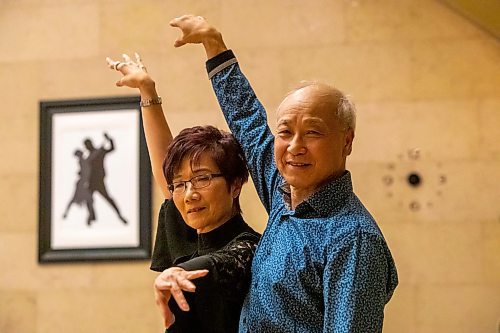 BROOK JONES / WINNIPEG FREE PRESS
Ted Motyka Dance Studio hosts dance classes for seniors at 460 Main St., in Winnipeg, Man. Couples are using dance classes at this studio as a way to keep in shape. Margaret Motyka is a co-owner and dance instructor with her husband Ted Motyka. Pictured: Dancers Edna Toy (left) and her husband Dennis participate in social ballroom dancing while Latin music is playing at the studio Friday, Jan. 19, 2024.