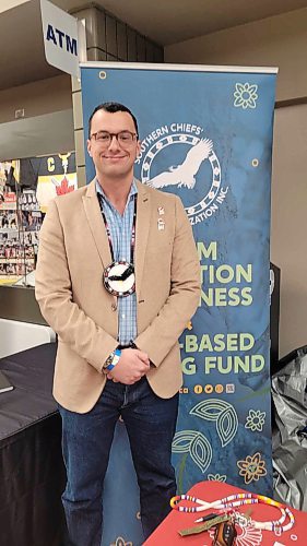 Justin Woodcock, First Nations veterans co-ordinator with the Souther Chiefs' Organization, was at Sioux Valley Dakota Nation's Winterfest on Friday to promote the organization's First Nations Veterans Program. (Miranda Leybourne/The Brandon Sun)