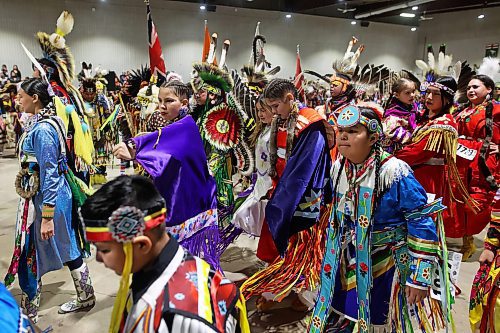 Dancers of all ages take part in the Powwow Grand Entry at the Dakota Nation Winterfest at the Keystone Centre on Friday evening. The weekend-long Winterfest includes square dancing, moccasin games, basketball, volleyball and a variety of other events. See stories and more photos on Page A4. (Tim Smith/The Brandon Sun)
