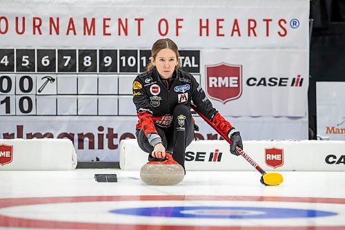 BROOK JONES / WINNIPEG FREE PRESS
Skip Kaitlyn Lawes of Team Lawes from the Fort Rouge Curling Club competes in the 2024 Manitoba Women's Curling Championships - Scotties Tournament of Hearts presented by Rocky Mountain Equipment at the Access Event Centre in Morden, Man., Friday, Jan. 26, 2024. Members of Team Lawes also include third Selena Njejovan, second Jocelyn Peterman and lead Kristin MacCuish. Pictured: Lawes prepares to throw a rock during her team's match against Team Peterson from the Assiniboine Memorial Curling Club Friday, Jan. 26, 2024. Team Lawes earned an 8-6 victory over Team Peterson.