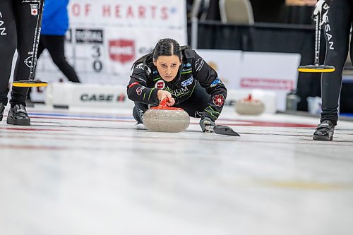 BROOK JONES / WINNIPEG FREE PRESS
Skip Kate Cameron of team Cameron from the Granit Curling Club delivers the rock while she competes at the 2024 Manitoba Women's Curling Championships - Scotties Tournament of Hearts presented by Rocky Mountain Equipment at the Access Event Centre in Morden, Man., Friday, Jan. 26, 2024. Team Cameron also includes third Meghan Walter, second Taylor McDonald, lead Mackenzie Elias and alternate Mackenzie Zacharais. Team Cameron earned a 6-5 victory over. Team Campbell from the Assiniboine Memorial Curling Club Friday, Jan. 26, 2024.
