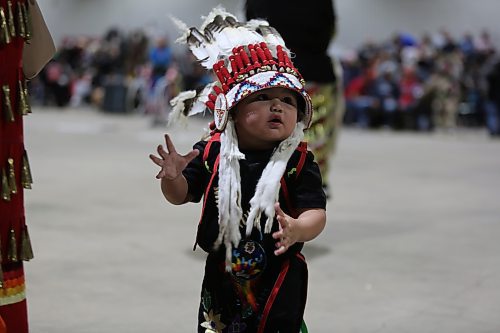Mandaree Howie Copenace-Meeches, 18 months, from Whitefish Bay, Ont. performing Tiny Tots dance at the WinterFest celebration on Saturday at the Manitoba Room of Keystone Centre. Organizer Jocelyn Ross says the festival, which is the 26th edition, is one of Sioux Valley’s most important celebrations. From powwow to jigging, singing, sports events and traditional games, with more than 75 hockey teams registered, the weekend was a busy one. Photos: Abiola Odutola/The Brandon Sun