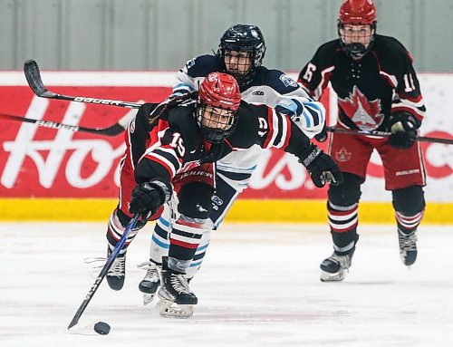 JOHN WOODS / WINNIPEG FREE PRESS
Thompson-Okanagan Lakers&#x560;Mena Bhatt (13) plays against Winnipeg Avros&#x560;Selene Wozney (19) in the final of the Female World Sport Challenge in Winnipeg Sunday, January  28, 2024. 

Reporter: josh