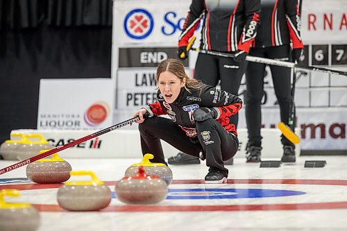 BROOK JONES / WINNIPEG FREE PRESS
Skip Kaitlyn Lawes of Team Lawes from the Fort Rouge Curling Club calls the line while competing in the final of 2024 Manitoba Women's Curling Championships - Scotties Tournament of Hearts presented by Rocky Mountain Equipment at the Access Event Centre in Morden, Man., Sunday, Jan. 28, 2024. Members of Team Lawes also include third Selena Njejovan, second Jocelyn Peterman and lead Kristin MacCuish. Team Lawes earned a 9-8 victory over Team Peterson from the Assiniboine Memorial Curling Club.