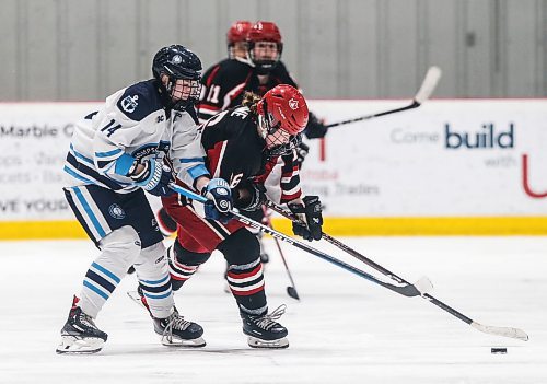 JOHN WOODS / WINNIPEG FREE PRESS
Thompson-Okanagan Lakers&#x2019; Lily Roberts (14) plays against Winnipeg Avros&#x2019; Liberty Aime (16) in the final of the Female World Sport Challenge in Winnipeg Sunday, January  28, 2024. 

Reporter: josh