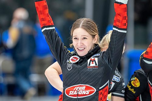 BROOK JONES / WINNIPEG FREE PRESS
Skip Kaitlyn Lawes of Team Lawes from the Fort Rouge Curling Club raises her arms in celebration after winning the final of 2024 Manitoba Women's Curling Championships - Scotties Tournament of Hearts presented by Rocky Mountain Equipment at the Access Event Centre in Morden, Man., Sunday, Jan. 28, 2024. Members of Team Lawes also include third Selena Njejovan, second Jocelyn Peterman and lead Kristin MacCuish. Pictured: Team Lawes earned a 9-8 victory over Team Peterson from the Assiniboine Memorial Curling Club.