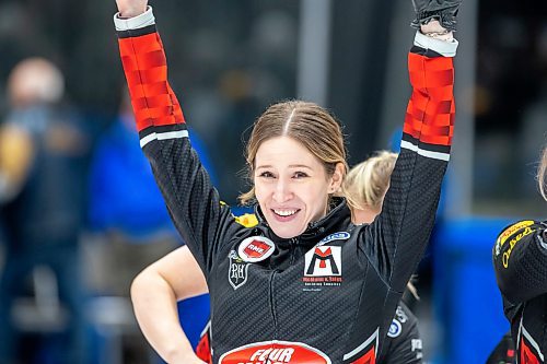 BROOK JONES / WINNIPEG FREE PRESS
Skip Kaitlyn Lawes of Team Lawes from the Fort Rouge Curling Club raises her arms in jubilation after winning the final of 2024 Manitoba Women's Curling Championships - Scotties Tournament of Hearts presented by Rocky Mountain Equipment at the Access Event Centre in Morden, Man., Sunday, Jan. 28, 2024. Members of Team Lawes also include third Selena Njejovan, second Jocelyn Peterman and lead Kristin MacCuish. Pictured: Team Lawes earned a 9-8 victory over Team Peterson from the Assiniboine Memorial Curling Club.