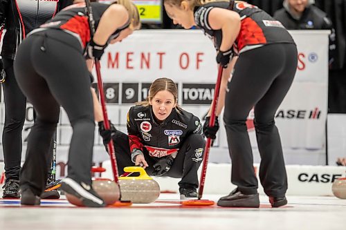 BROOK JONES / WINNIPEG FREE PRESS
Skip Kaitlyn Lawes (middle) of Team Lawes from the Fort Rouge Curling Club watches a shot by third Selena Njejovan while lead Kristin MacCuish (left) and second Jocelyn Peterman (right) sweep the rock during the final of 2024 Manitoba Women's Curling Championships - Scotties Tournament of Hearts presented by Rocky Mountain Equipment at the Access Event Centre in Morden, Man., Sunday, Jan. 28, 2024. Team Lawes earned a 9-8 victory over Team Peterson from the Assiniboine Memorial Curling Club.