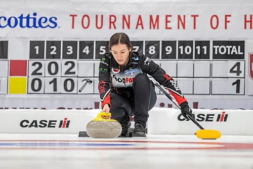 BROOK JONES / WINNIPEG FREE PRESS
Skip Beth Peterson of Team Peterson from the Assiniboine Memorial Curling Club prepares to throw a rock in the final of 2024 Manitoba Women's Curling Championships - Scotties Tournament of Hearts presented by Rocky Mountain Equipment at the Access Event Centre in Morden, Man., Sunday, Jan. 28, 2024. Members of Team Peterson also include third Kelsey Rocque, second Katherine Doerksen, lead Melissa Gordon Kurz and alternate Jenna Loder. Team Peterson was defeated 9-8 by Team Kaitlyn Lawes from the Fort Rouge Curling Club.