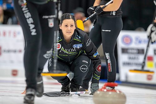 BROOK JONES / WINNIPEG FREE PRESS
Skip Kate Cameron of team Cameron from the Granit Curling Club watches her shot while she competes at the 2024 Manitoba Women's Curling Championships - Scotties Tournament of Hearts presented by Rocky Mountain Equipment at the Access Event Centre in Morden, Man., Friday, Jan. 26, 2024. Team Cameron also includes third Meghan Walter, second Taylor McDonald, lead Mackenzie Elias and alternate Mackenzie Zacharais. Team Cameron earned a 6-5 victory over. Team Campbell from the Assiniboine Memorial Curling Club Friday, Jan. 26, 2024.