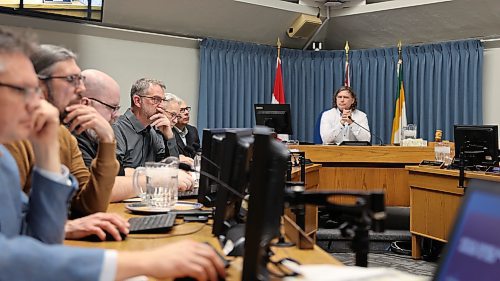 Brandon's Mayor Jeff Fawcett and councillors listen to a presentation about community grant requests in council chambers during the City of Brandon's pre-budget session Monday 
evening. (Michele McDougall/The Brandon Sun).
