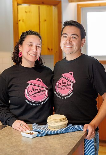 MIKE DEAL / WINNIPEG FREE PRESS
Helena and Eduardo Morales, owners of Los Comales Morales, an artisan tortilla business. 
Helena and Eduardo are both of Mexican descent, she grew up in Manitoba, while Eduardo moved here from Mexico City in 2006, after the two of them met through a friend. 
Eduardo missed the taste of authentic, corn tortillas so he bought an industrial tortilla maker in 2018, and began ordering non-GMO, organic corn flour from a distributor in Iowa, expressly to make tortillas for family and friends. But since he was required to buy one ton of flour, per order, he started thinking maybe others would enjoy their tortillas, too; the business launched in August, 2023.
240130 - Tuesday, January 30, 2024.