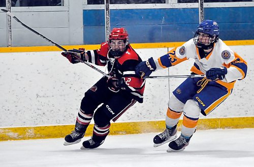 Yellowhead Chiefs winger Quinn Schutte (23) battles for position facing Southwest Cougars defenceman Jackson Kohut (2). (Jules Xavier/The Brandon Sun)