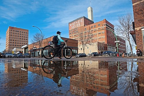 31012024
A pedestrian crossing Rosser Avenue at 9th Street in downtown Brandon is reflected in a puddle of melted snow on an unseasonably warm Wednesday. 
(Tim Smith/The Brandon Sun)