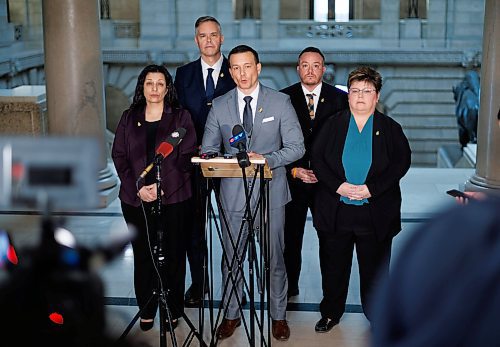 MIKE DEAL / WINNIPEG FREE PRESS
Flanked by NDP MLA&#x2019;s, (from left) Nellie Kennedy (Assiniboia), Robert Loiselle (St. Boniface), Logan Oxenham (Kirkfield Park), and Billie Cross (Seine River), Manitoba NDP Caucus Chair Mike Moyes (Riel) announces that he has filed two formal complaints with the Manitoba Ethics Commissioner. Moyes is calling on the Commissioner to investigate PC Leader Heather Stefanson and PC MLA Jeff Wharton for their attempts to violate the caretaker convention and push through a major mining project in the days following their 2023 election loss. 
240112 - Friday, January 12, 2024.