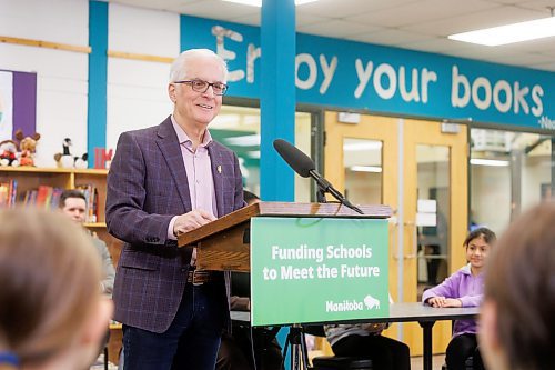 MIKE DEAL / WINNIPEG FREE PRESS
Education and Early Childhood Learning Minister Nello Altomare announces that the Manitoba government will be increasing operating funding for public schools by 3.4 per cent, an amount higher than the provincial inflation rate and supporting school divisions as they roll out a universal nutrition program, during a media conference under the watchful eyes of several grade 4 students at Joseph Teres School Thursday morning.
See Maggie Macintosh story
240201 - Thursday, February 01, 2024.