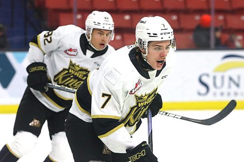 Brandon Wheat Kings defenceman Charlie Elick (7), shown after the puck was dropped during a recent game — forward Dominik Petr (82) is in the background — was one of the stars in on-ice testing at the Canadian Hockey League’s Top Prospects Game on Wednesday in the Avenir Centre in Moncton, N.B. (Perry Bergson/The Brandon Sun)