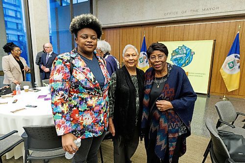 MIKE DEAL / WINNIPEG FREE PRESS
(From left) Olexa Blackwood, Diane Dwarka, and Patsy Grant along with many other members of the Black community gather at City Hall early Thursday morning for the Mayor&#x2019;s reception honouring Black History Month.
240201 - Thursday, February 01, 2024.
