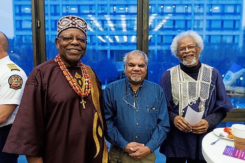 MIKE DEAL / WINNIPEG FREE PRESS
(From left) Chief Jim Ogunnoiki, Mohamed Alli, and Louis Ifill along with many other members of the Black community gather at City Hall early Thursday morning for the Mayor&#x2019;s reception honouring Black History Month.
240201 - Thursday, February 01, 2024.