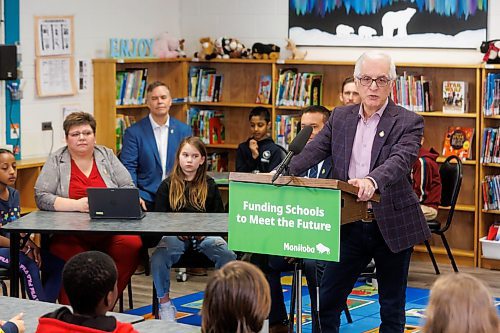MIKE DEAL / WINNIPEG FREE PRESS
Education and Early Childhood Learning Minister Nello Altomare announces that the Manitoba government will be increasing operating funding for public schools by 3.4 per cent, an amount higher than the provincial inflation rate and supporting school divisions as they roll out a universal nutrition program, during a media conference under the watchful eyes of several grade 4 students at Joseph Teres School Thursday morning.
See Maggie Macintosh story
240201 - Thursday, February 01, 2024.