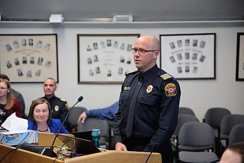 Brandon Fire and Emergency Services deputy chief Jason Potter speaks during the first day of budget deliberations at Brandon City Hall on Friday. It was the first day back in uniform for Potter, the former reeve of the Municipality of Harrison Park, since a serious highway collision in 2022. (Colin Slark/The Brandon Sun)