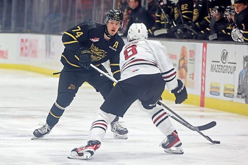 Brandon Wheat Kings forward Brett Hyland (74) looks to play the puck around Red Deer Rebels defender Jace Weir (8) during WHL action at Westoba Place Friday night. He scored twice and added an assist in his team's 4-1 victory.
(Photos by Tim Smith/The Brandon Sun)