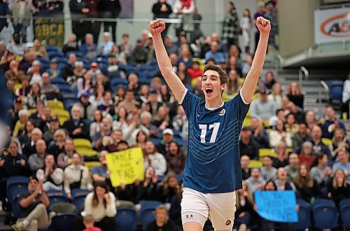 Riley Grusing of the Brandon University Bobcats celebrates a point during men’s volleyball action against the Mount Royal University Cougars at the BU Healthy Living Centre on Friday evening. See our BU volleyball coverage on Page B2. (Tim Smith/The Brandon Sun)