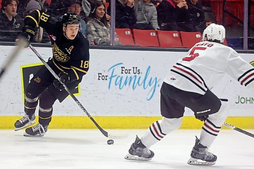 02022024
Rylen Roersma #18 of the Brandon Wheat Kings looks to pass the puck past Hunter Mayo #5 of the Red Deer Rebels during WHL action at Westoba Place on Friday evening.
(Tim Smith/The Brandon Sun)