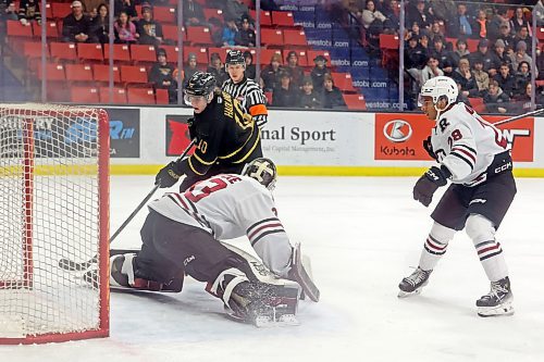 02022024
Caleb Hadland #10 of the Brandon Wheat Kings takes a shot on netminder Chase Wutzke #33 of the Red Deer Rebels as Rebels Quentin Bourne #28 looks on during WHL action at Westoba Place on Friday evening.
(Tim Smith/The Brandon Sun)