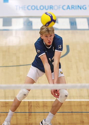 02022024
Liam Pauls #13 of the Brandon University Bobcats bumps the ball during university men&#x2019;s volleyball action against the Mount Royal University Cougars at the BU Healthy Living Centre on Friday evening.
(Tim Smith/The Brandon Sun)