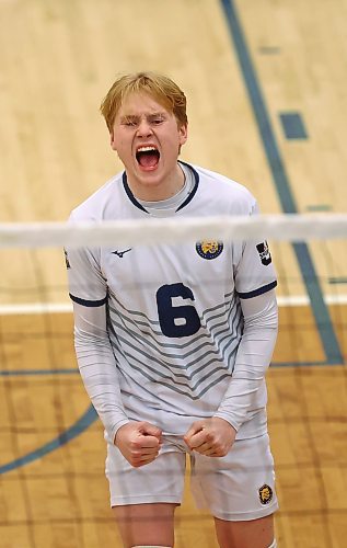 02022024
Kale Fisher #6 of the Brandon University Bobcats celebrates a point during university men&#x2019;s volleyball action against the Mount Royal University Cougars at the BU Healthy Living Centre on Friday evening.
(Tim Smith/The Brandon Sun)