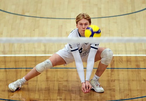 02022024
Kale Fisher #6 of the Brandon University Bobcats digs the ball during university men&#x2019;s volleyball action against the Mount Royal University Cougars at the BU Healthy Living Centre on Friday evening.
(Tim Smith/The Brandon Sun)