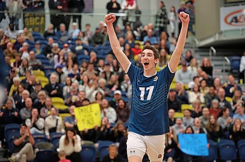 02022024
Riley Grusing #17 of the Brandon University Bobcats celebrates a point during university men&#x2019;s volleyball action against the Mount Royal University Cougars at the BU Healthy Living Centre on Friday evening.
(Tim Smith/The Brandon Sun)
