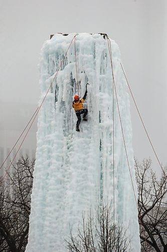 JOHN WOODS / WINNIPEG FREE PRESS
Bradley Kulbaba climbs the 60 foot Saint Boniface Alpine Club of Canada ice tower during Festiglace, the annual climbing festival, Sunday, February 4, 2024.  

Reporter: tyler
