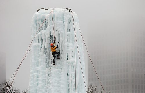 JOHN WOODS / WINNIPEG FREE PRESS
Bradley Kulbaba climbs the 60 foot Saint Boniface Alpine Club of Canada ice tower during Festiglace, the annual climbing festival, Sunday, February 4, 2024.  

Reporter: tyler