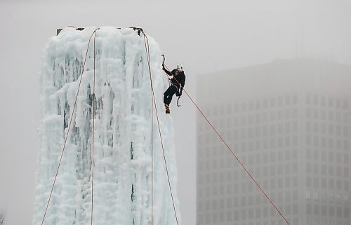 JOHN WOODS / WINNIPEG FREE PRESS
Asha Kothari, member and volunteer, climbs the 60 foot Saint Boniface Alpine Club of Canada ice tower during Festiglace, the annual climbing festival, Sunday, February 4, 2024.  

Reporter: tyler