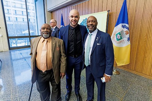 MIKE DEAL / WINNIPEG FREE PRESS
(From left) Pastor&#xa0;Milton Chambers, his grandson, Quinton Chambers, and his son, Councillor Marcus Chambers, along with many other members of the Black community gather at City Hall early Thursday morning for the Mayor&#x2019;s reception honouring Black History Month.
240201 - Thursday, February 01, 2024.