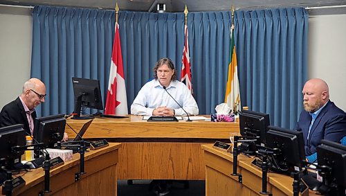 Mayor Jeff Fawcett speaks during budget deliberations last weekend as city manager Ron Bowles (left) and Coun. Tyson Tame (Ward 10) read documents. (Colin Slark/The Brandon Sun)