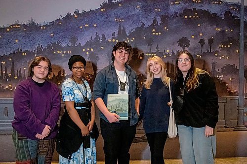 BROOK JONES / WINNIPEG FREE PRESS
The Winnipeg Art Gallery hosts Tim Gardner: The Full Story curator tour and book launch at the WAG-Qaumajuq in Winnipeg, Man., Friday, Feb. 2, 2024. Pictured Left to Right: Greysen Gauthier, Blessing Adelanie, Jonathan Biljardt, Charlotte Smith and Stella Mizak at the book launch.