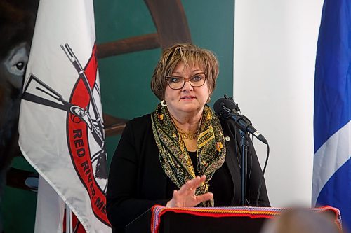 MIKE DEAL / WINNIPEG FREE PRESS
Winnipeg City Councillor, Janice Lukes, speaks during the opening of Fre Maachi at 670 Main Street.
The Manitoba M&#xe9;tis Federation (MMF), the National Government of the Red River M&#xe9;tis announce the opening of Fre Maachi &quot;New Beginnings&quot; at 670 Main Street, a 20-unit transitional Housing First program to assist in the fight to ending homelessness in Winnipeg. 
230320 - Monday, March 20, 2023.