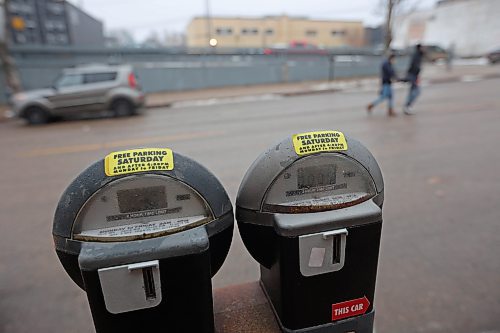 Parking meters on Seventh Street in Brandon on Wednesday. New fees set by the city have doubled the rates motorists pay for roadside parking. (Tim Smith/The Brandon Sun)