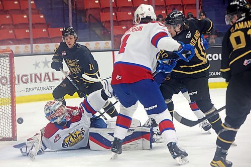 07022024
The puck sails past goalie Kolby Hay #30 of the Edmonton Oil Kings for a goal by Nolan Flamand #91 of the Brandon Wheat Kings during WHL action at Westoba Place on Wednesday evening.
(Tim Smith/The Brandon Sun)