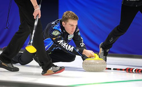 Skip Jordon McDonald delivers his shot during a Wednesday afternoon game on day one of the Viterra Provincial Men's Curling Championship taking place in Stonewall. (Ruth Bonneville/Winnipeg Free Press)