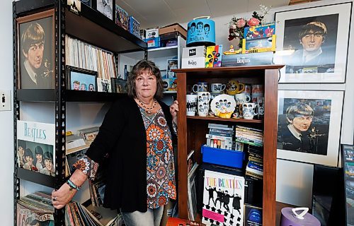 MIKE DEAL / WINNIPEG FREE PRESS
Martine Dahlke has a bunch of Beatles memorabilia - going back to the early 1960s - she has collected over the years (as well as a bunch leftover from her brother, George West). 
See Alan Small story
240208 - Thursday, February 08, 2024.